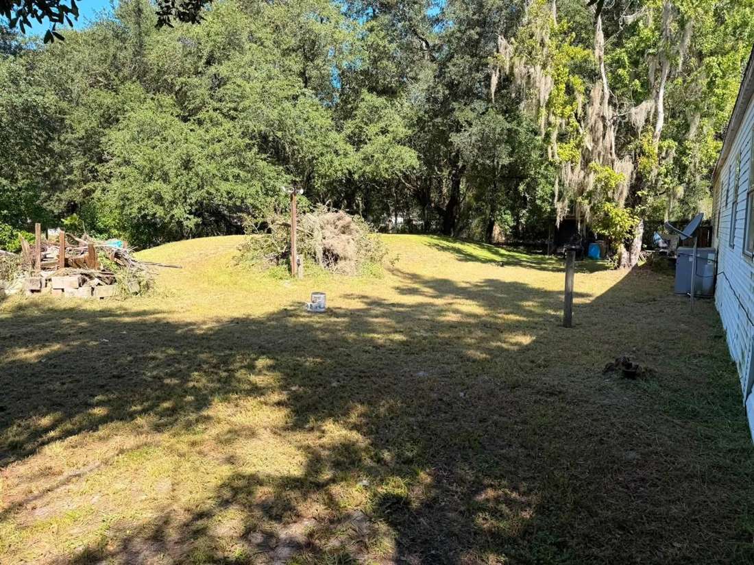 After: back yard mowed with debris piled for removal